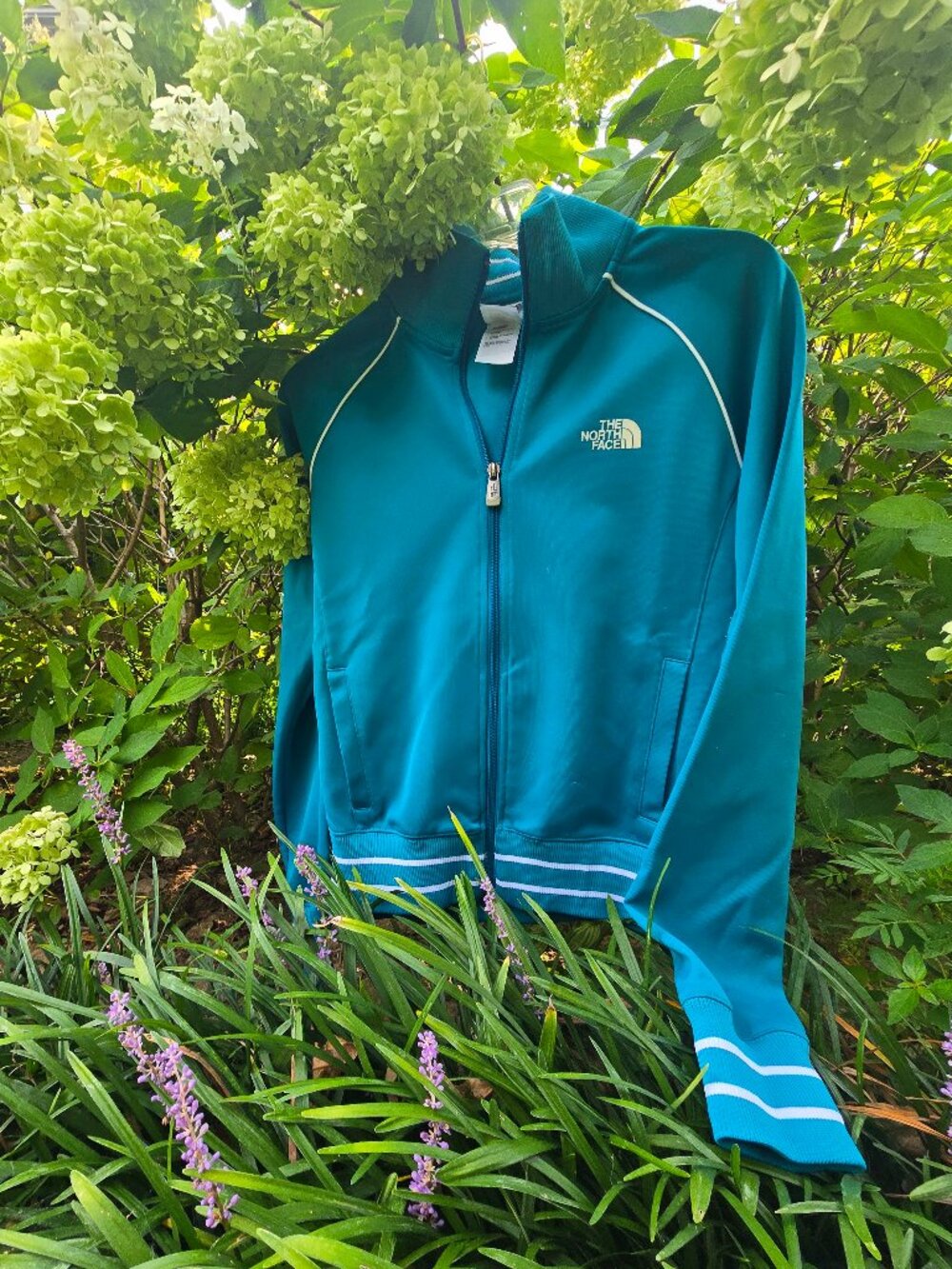 The North Face Retro Y2K Teal Blue Track Jacket with White Stripes